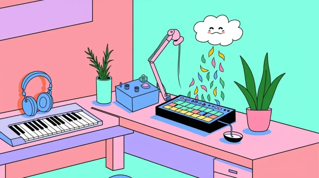 Pastel illustration of a bedroom producer desk with a MIDI keyboard, headphones and a sampler