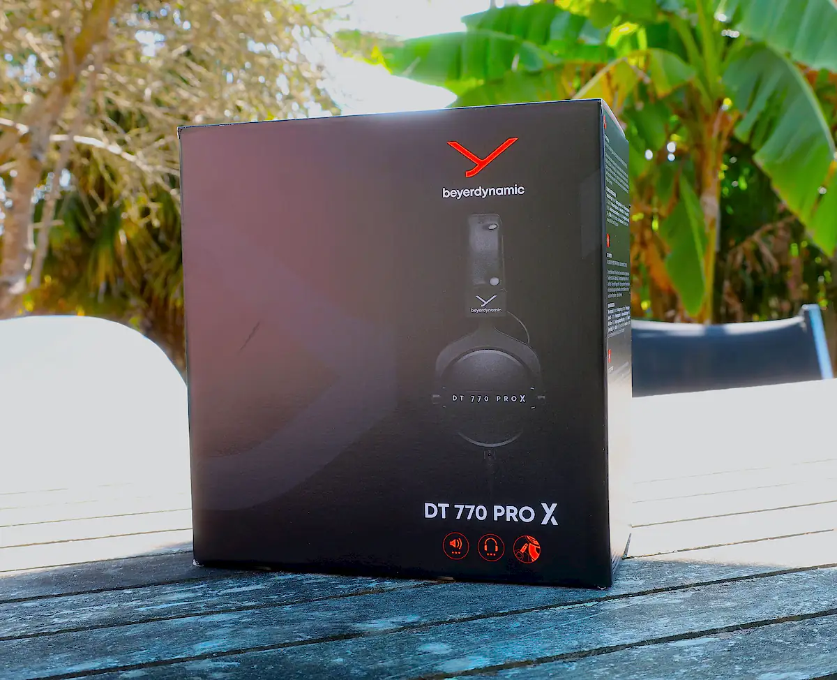 beyerdynamic DT 770 PRO X box on a garden table