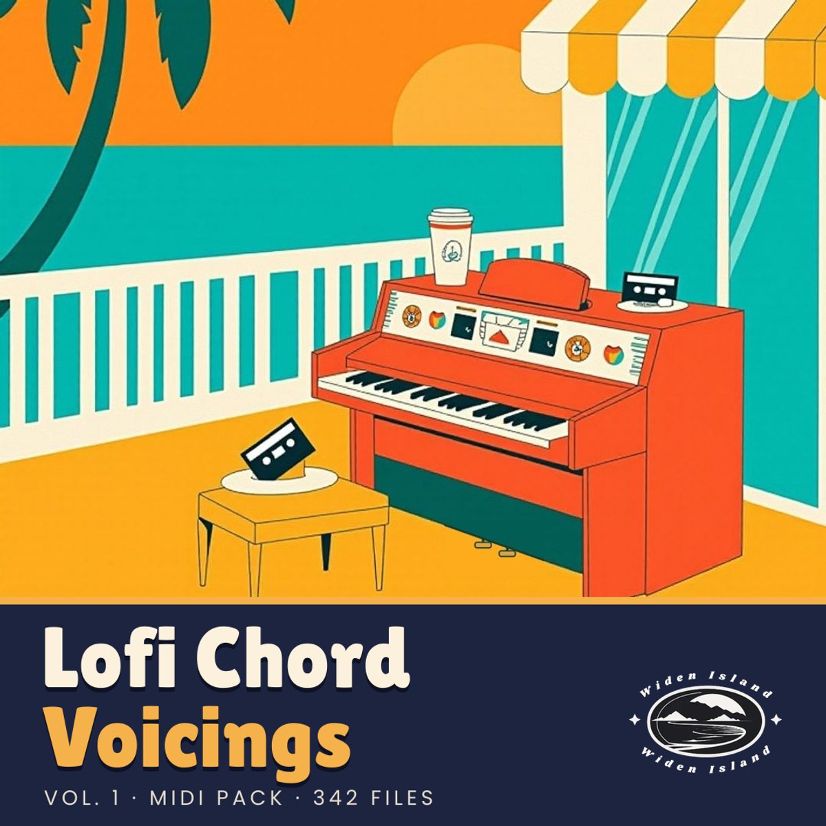 Lofi Chord Voicings Vol. 1 MIDI pack cover: a red Rhodes piano on a sunny balcony by the sea